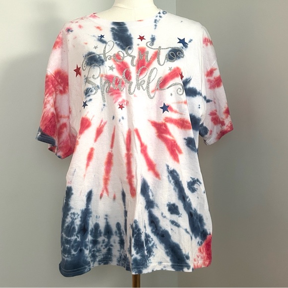 Artisan Tops - Tie Dye T-Shirt Red White Blue Patriotic Tee Silver “Born to Sparkle” Artisan XL